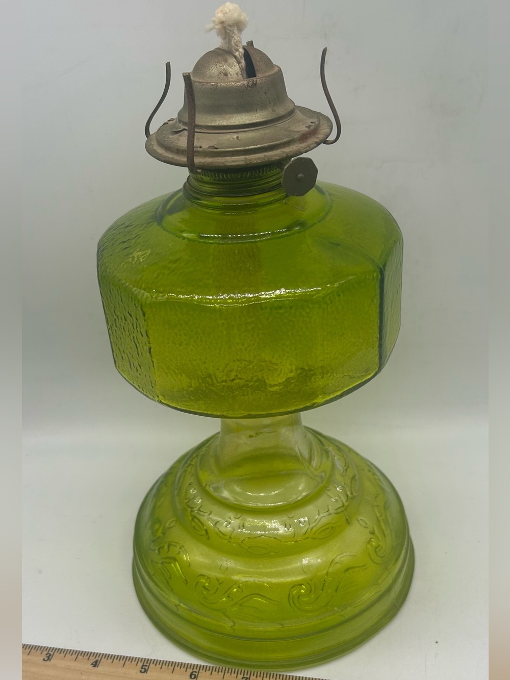 Vintage Green Glass Oil Lamp - Decorative Home Accent